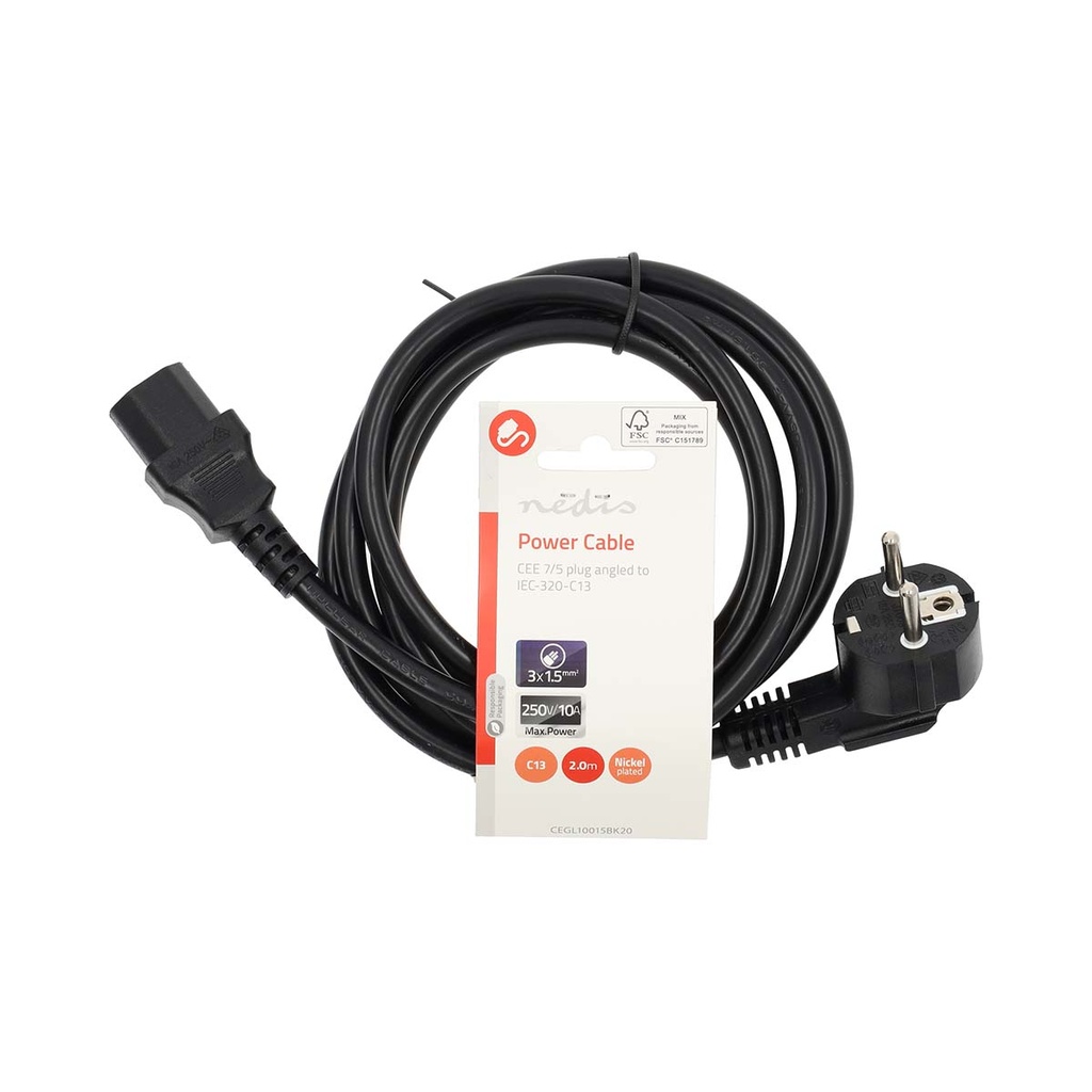 Nedis CEGL10015BK20 Stroomkabel Type F - IEC-320-C13 Haaks Vernikkeld 2m Zwart