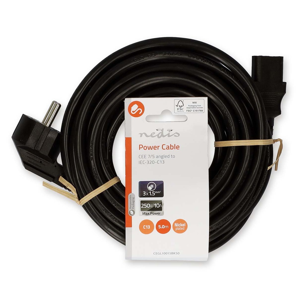Nedis CEGL10015BK50 Stroomkabel Type F - IEC-320-C13 Haaks Vernikkeld 5m Zwart