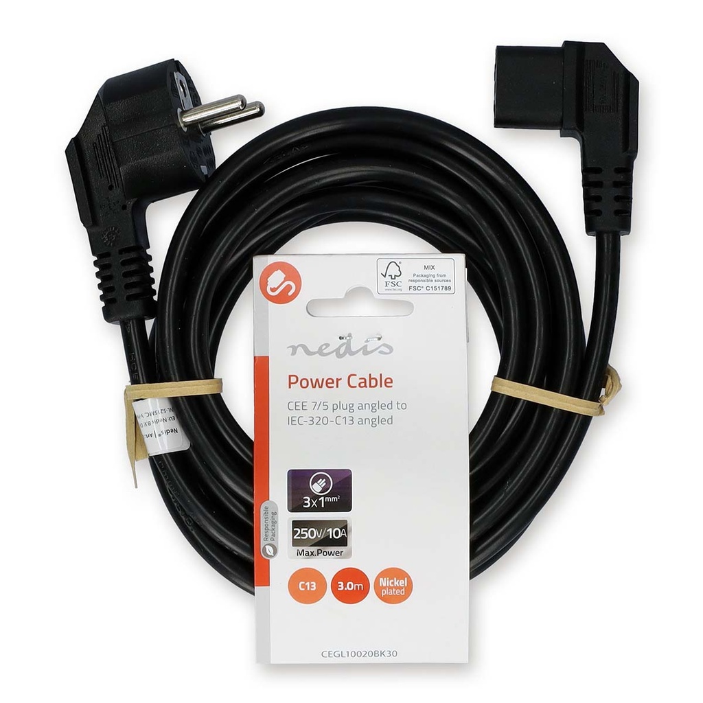 Nedis CEGL10020BK30 Stroomkabel Type F - IEC-320-C13 Haaks Vernikkeld 3m Zwart
