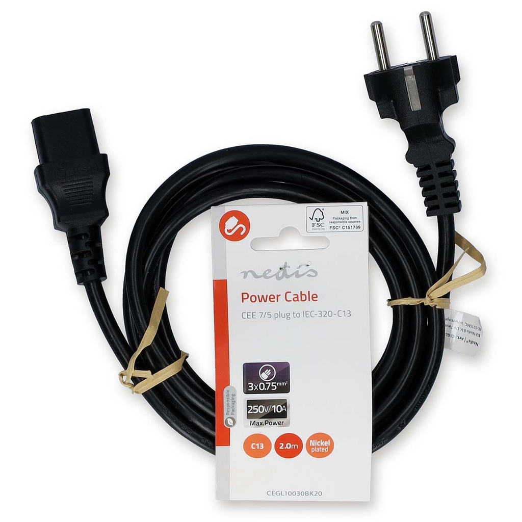 Nedis CEGL10030BK20 Stroomkabel Type F - IEC-320-C13 Vernikkeld 2m Zwart