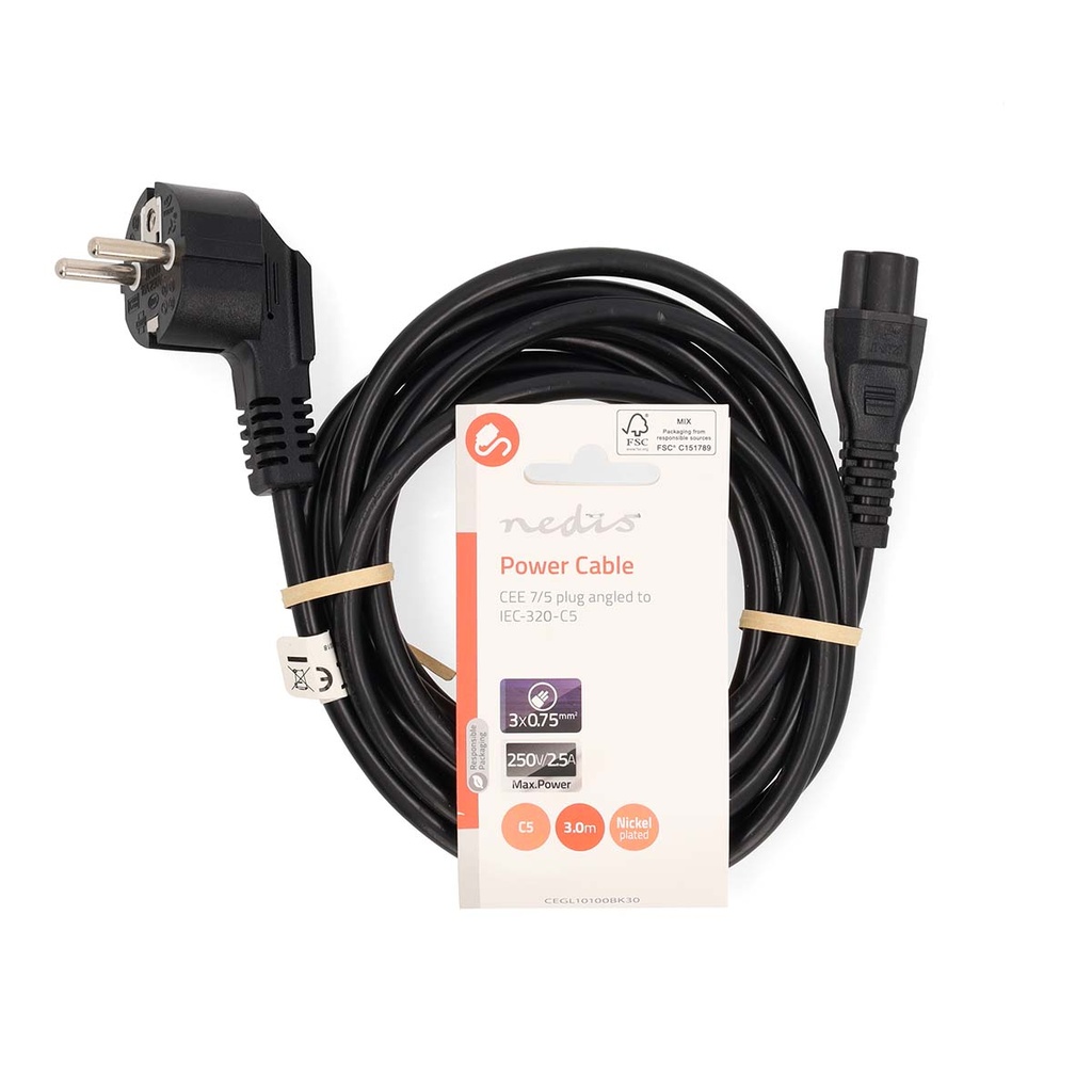 Nedis CEGL10100BK30 Stroomkabel Type F -| IEC-320-C5 Haaks Vernikkeld 3m Zwart 