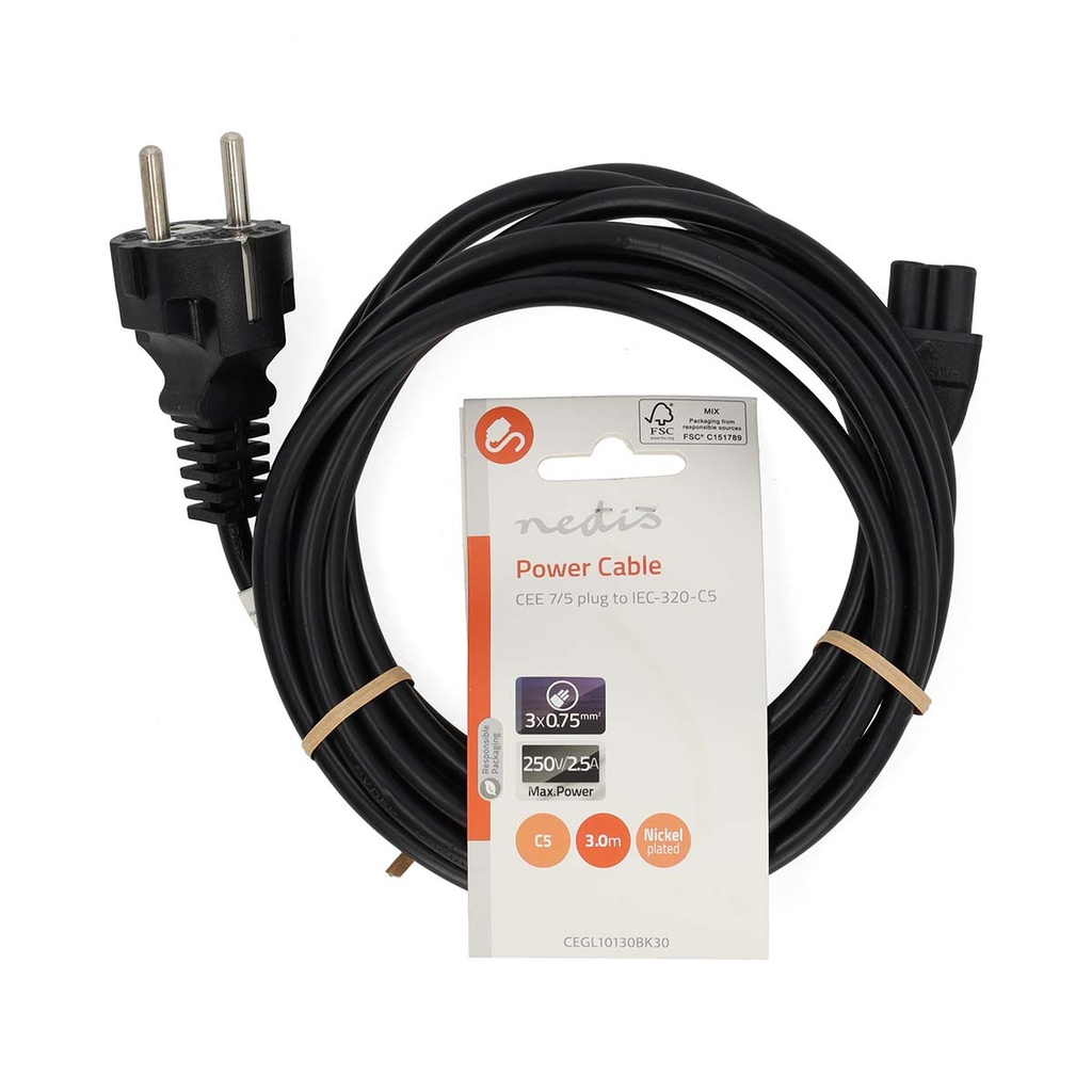 Nedis CEGL10130BK30 Stroomkabel Type F - IEC-320-C5 Vernikkeld 3m Zwart 
