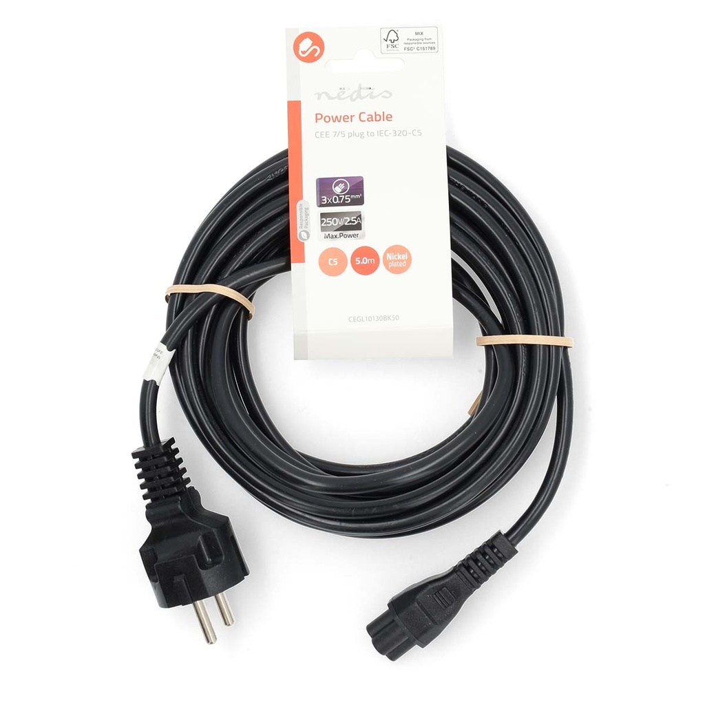 Nedis CEGL10130BK50 Stroomkabel Type F - IEC-320-C5 Vernikkeld 5m Zwart