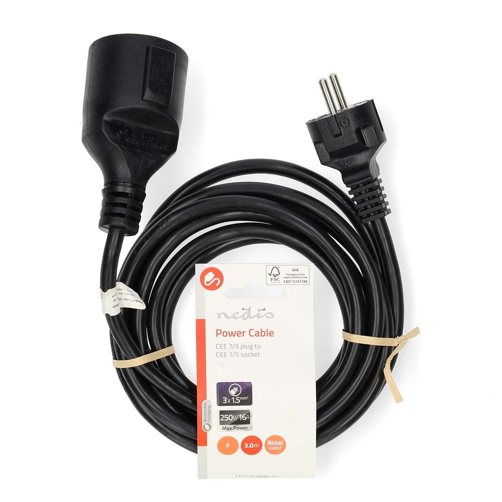 Nedis CEGL10200BK30 Stroomkabel Type F - Type F Vrouwelijk Vernikkeld 3m Zwart 