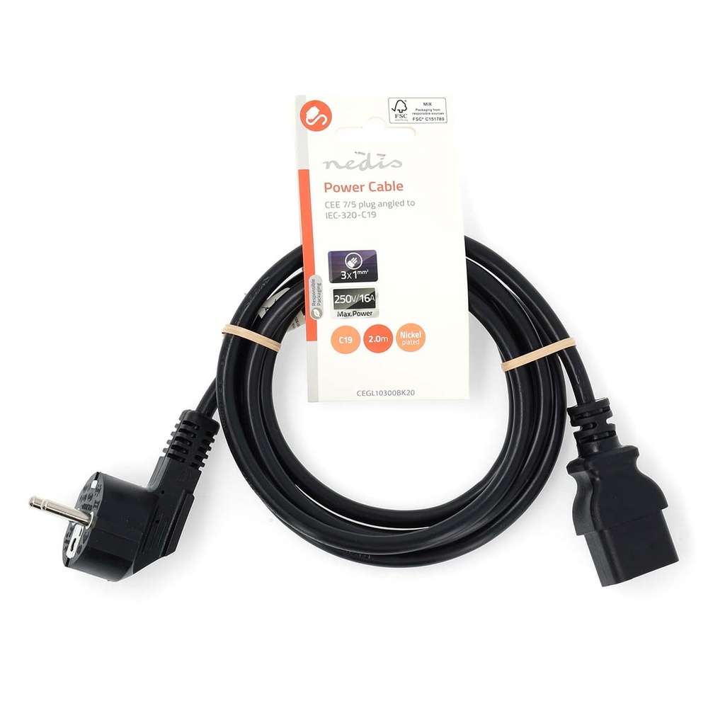 Nedis CEGL10300BK20 Stroomkabel Type F - IEC-320-C19 Haaks Vernikkeld 2m Zwart 