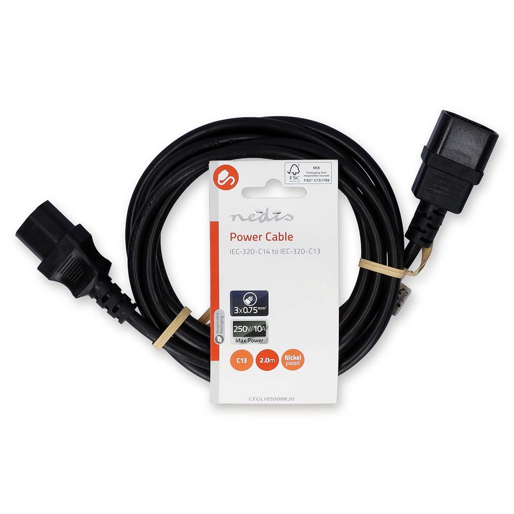 Nedis CEGL10500BK20 Stroomkabel IEC-320-C14 - IEC-320-C13 Vernikkeld 2m Zwart 