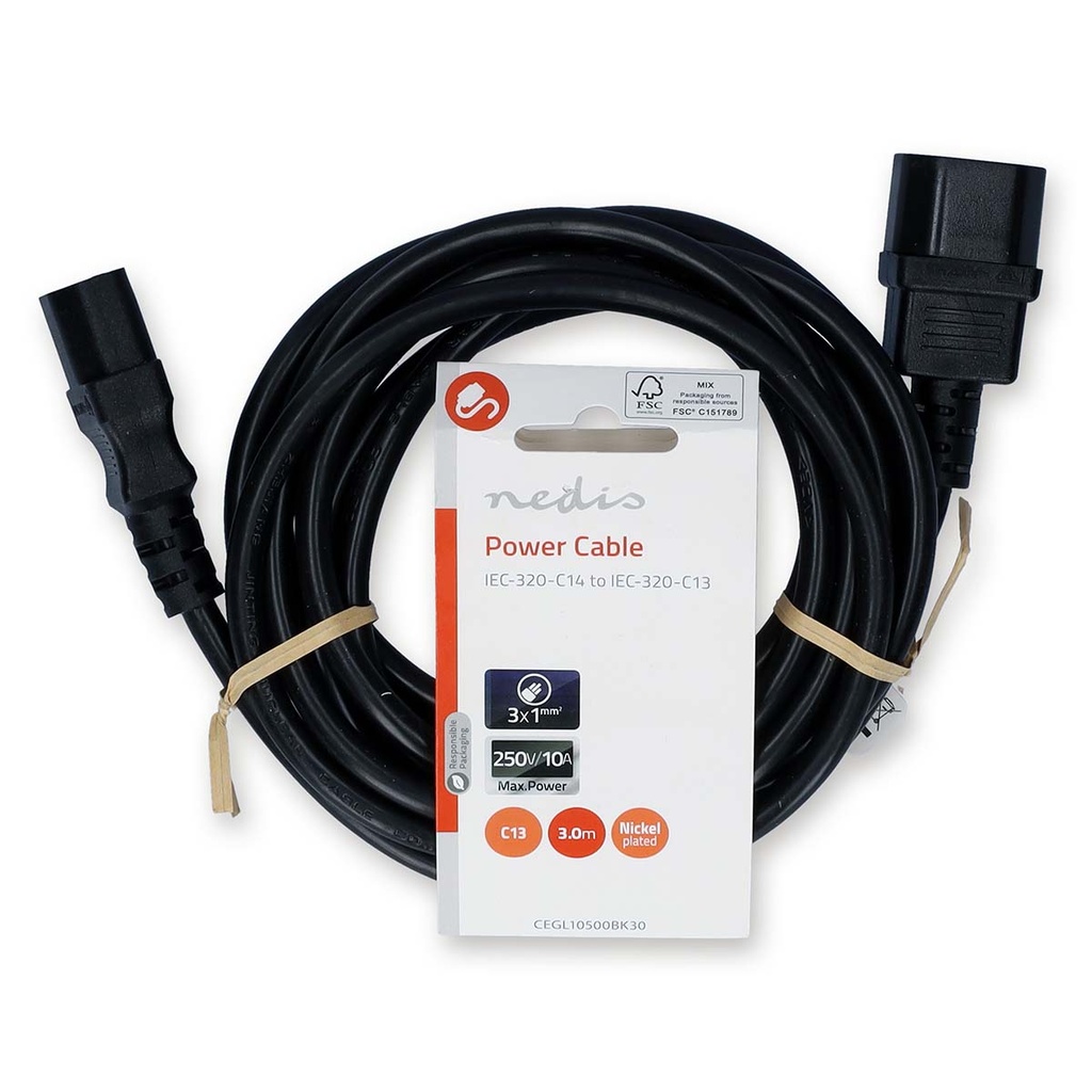 Nedis CEGL10500BK30 Stroomkabel IEC-320-C14 - IEC-320-C13 Vernikkeld 3m Zwart
