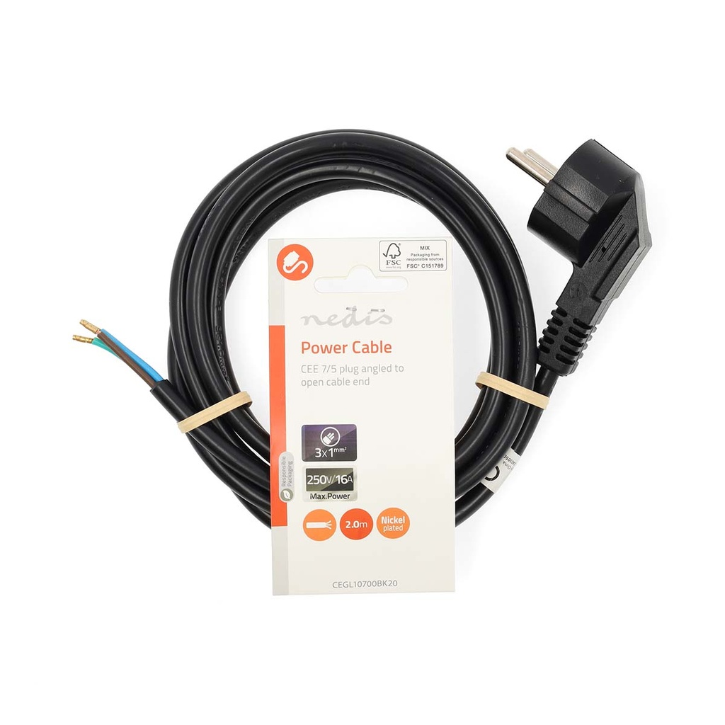 Nedis CEGL10700BK20 Stroomkabel Type F Open Haaks Vernikkeld 2m Zwart 