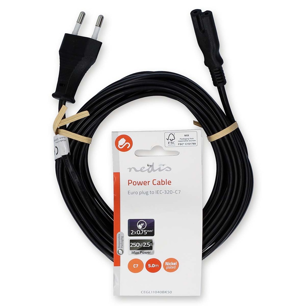 Nedis CEGL11040BK50 Stroomkabel Euro - IEC-320-C7 Vernikkeld 5m Zwart