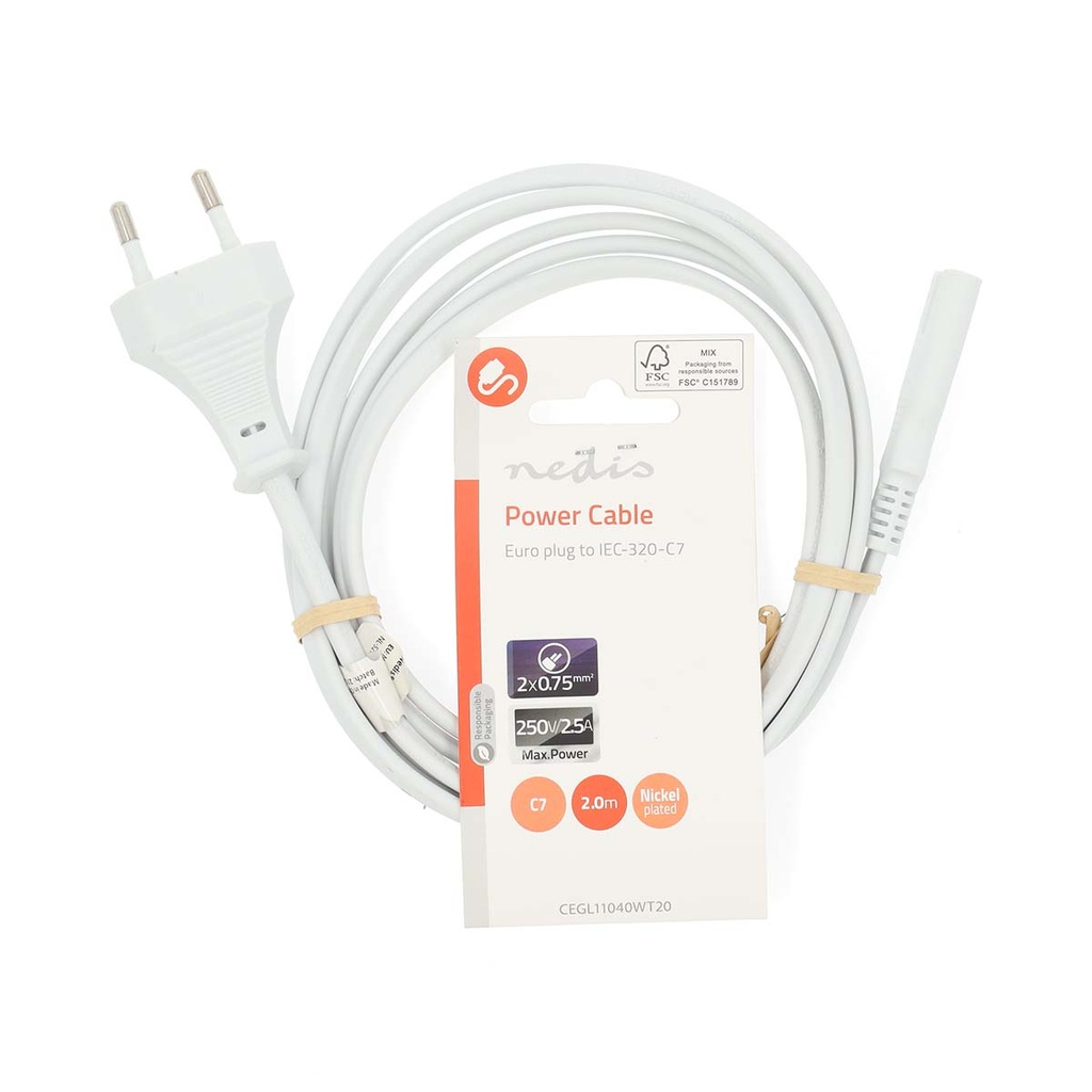 Nedis CEGL11040WT20 Stroomkabel Euro - IEC-320-C7 Vernikkeld 2m Wit 