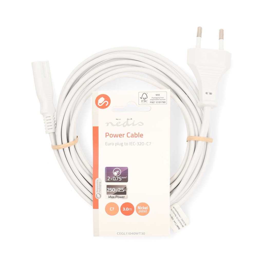 Nedis CEGL11040WT30 Stroomkabel Euro - IEC-320-C7 Vernikkeld 3m Wit 