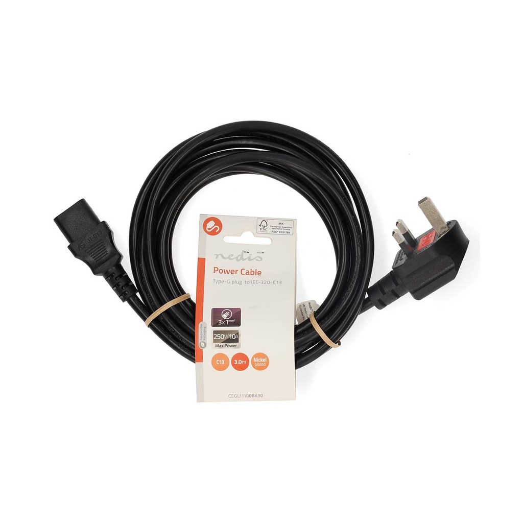 Nedis CEGL11100BK30 Stroomkabel UK - IEC-320-C13 Haaks Vernikkeld 3m Zwart