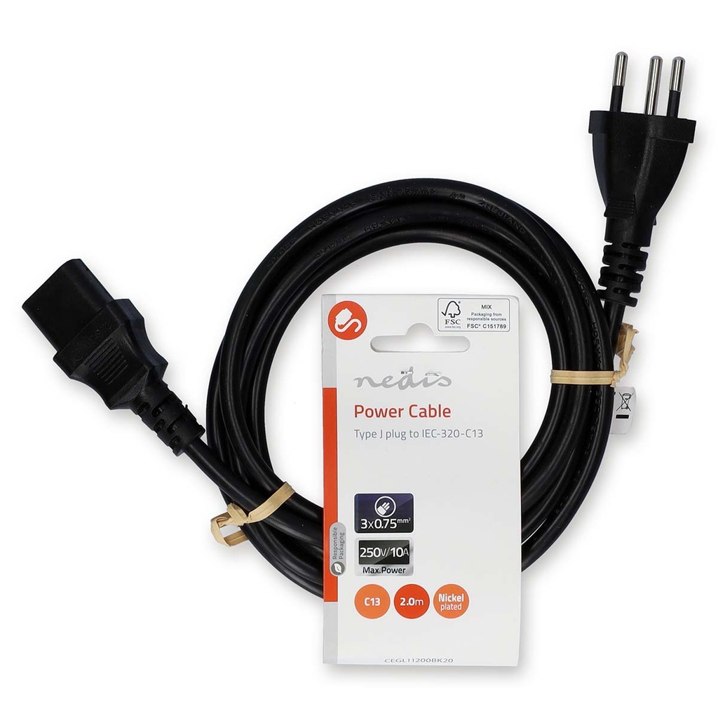 Nedis CEGL11200BK20 Stroomkabel Type 12 - IEC-320-C13 Vernikkeld 2m Zwart 