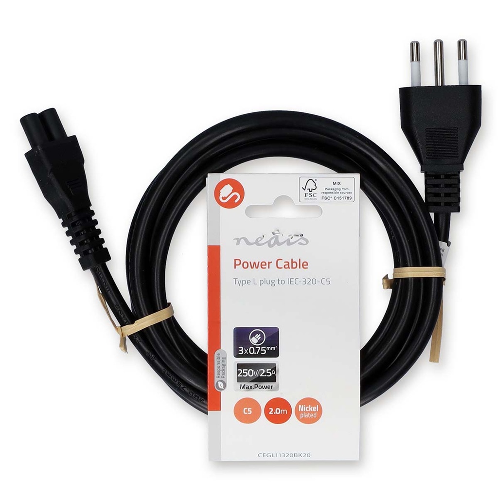 Nedis CEGL11320BK20 Stroomkabel Italië - IEC-320-C5 Vernikkeld 2m Zwart 