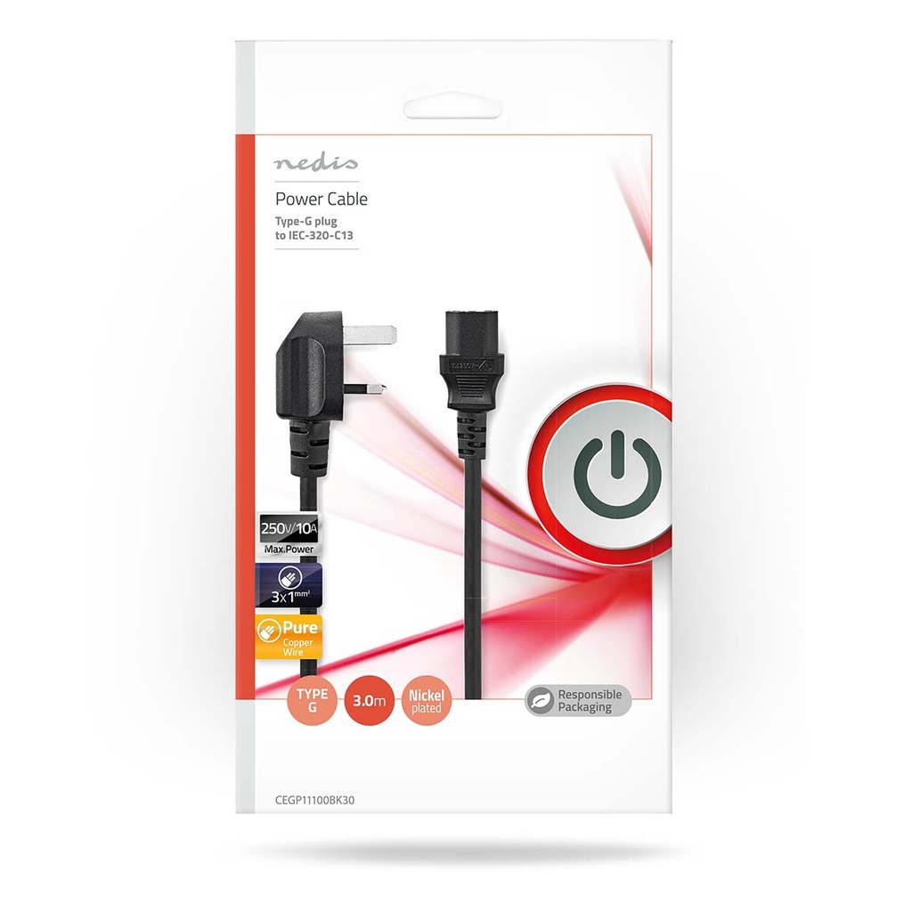 Nedis CEGP11200BK50 Stroomkabel Type G - IEC-320-C13 Vernikkeld 5m Zwart 