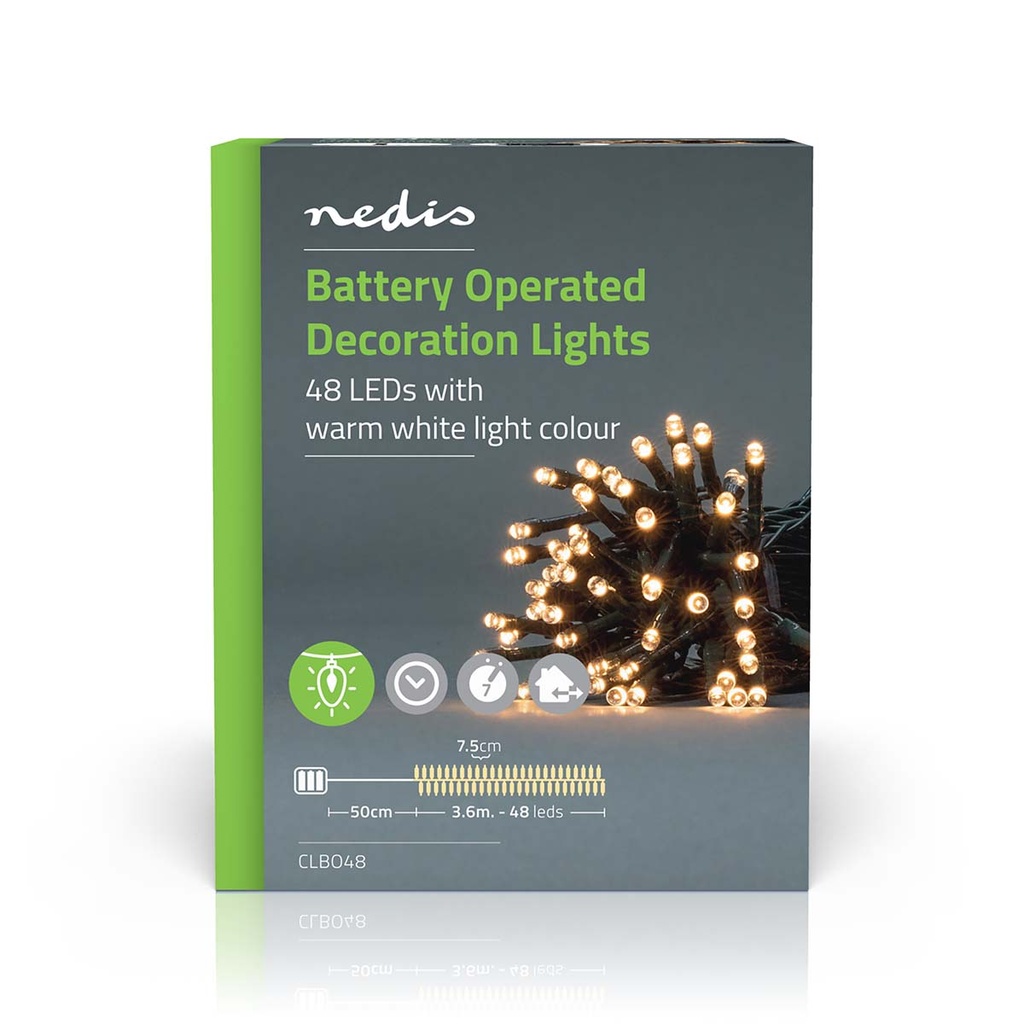 Nedis CLBO48 Kerstverlichting op Batterij 48 LED's| Warm Wit 3.6m 7 Effecten Binnen & Buiten 