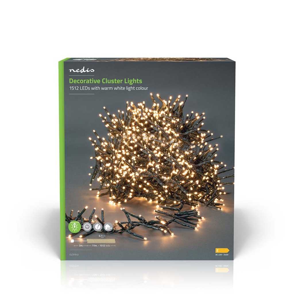 Nedis CLCS1512 Kerstverlichting | Cluster | 1512 LED's | Warm Wit | 11.00 m | Licht effecten: 7 | Binnen & Buiten | Netvoeding
