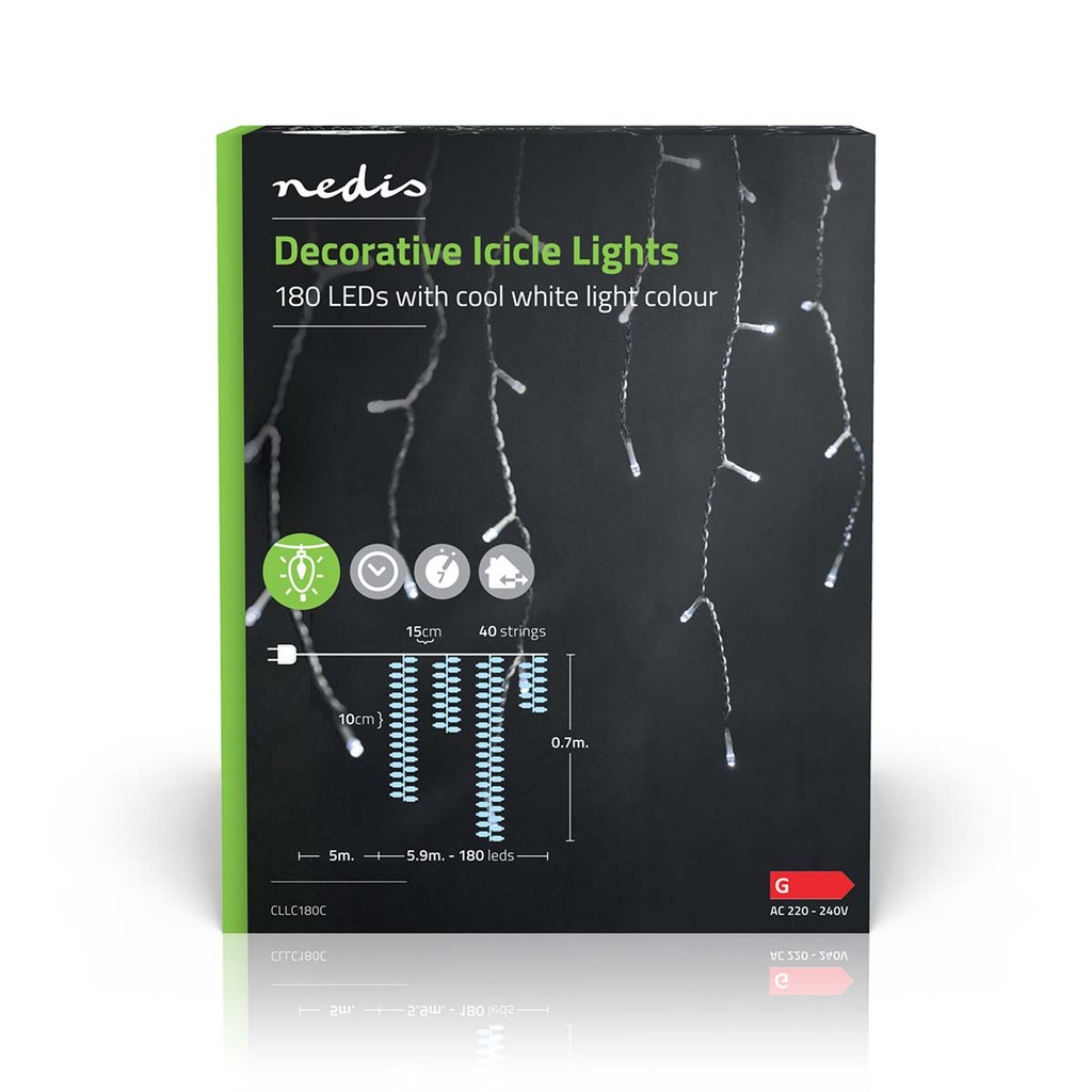 Nedis CLLC180C Decoratieve IJspegel Verlichting 180 LED's Koel Wit 5.9m 7 Effecten 