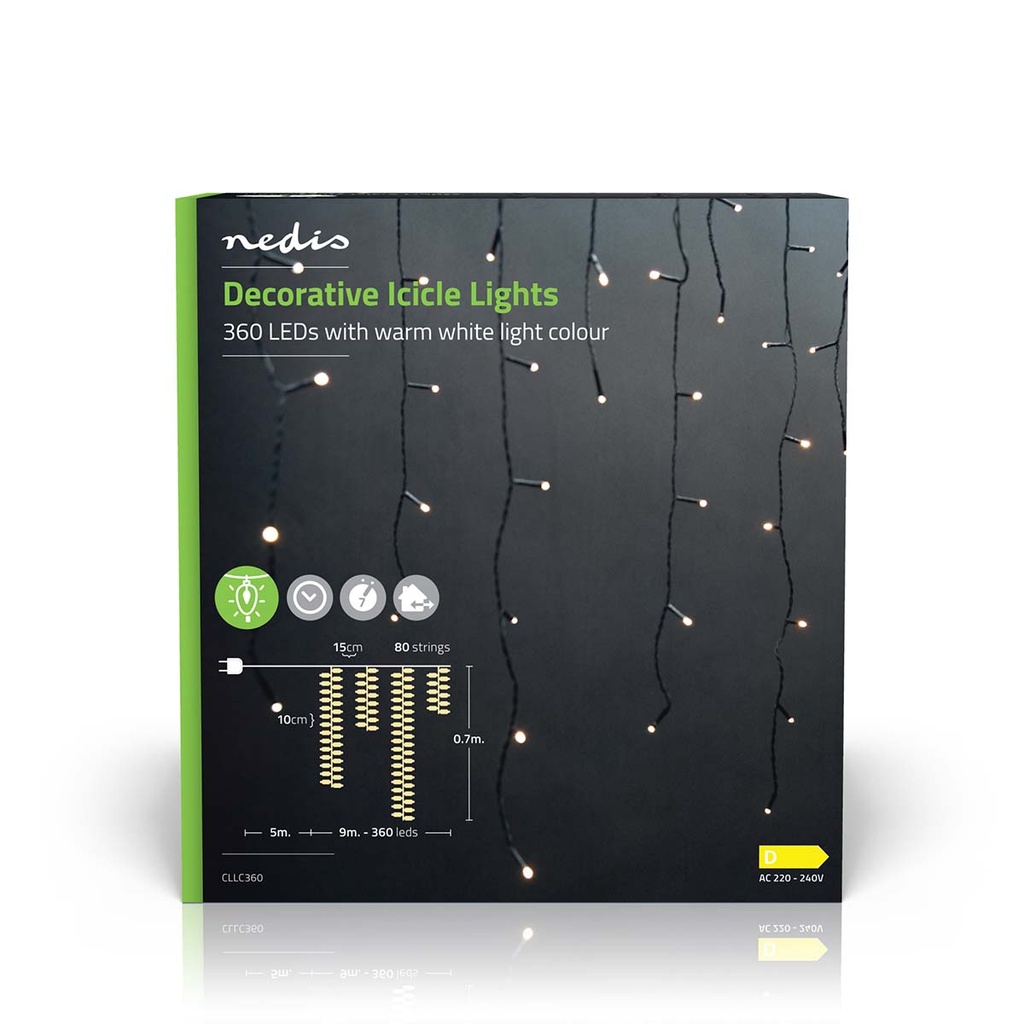 Nedis CLLC360 Decoratieve IJspegel Verlichting 360 LED's Warm Wit 9m 7 Effecten Binnen & Buiten