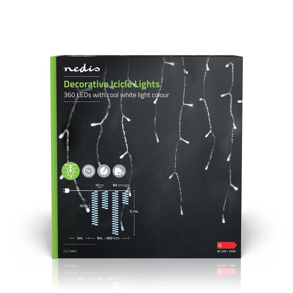 Nedis CLLC360C Decoratieve IJspegel Verlichting 360 LED's Koel Wit 9m 7 Effecten Binnen & Buiten