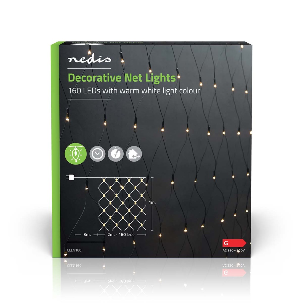 Nedis CLLN160 Decoratieve Net Verlichting Warm Wit 160 LED's 2 x 1 m 7 Effecten Binnen & Buiten