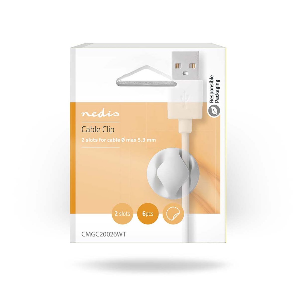 Nedis CMGC20026WT Kabelclip Click & Go 2 Sleuven 5.3 mm Maximale kabeldikte Wit 6 Stuks