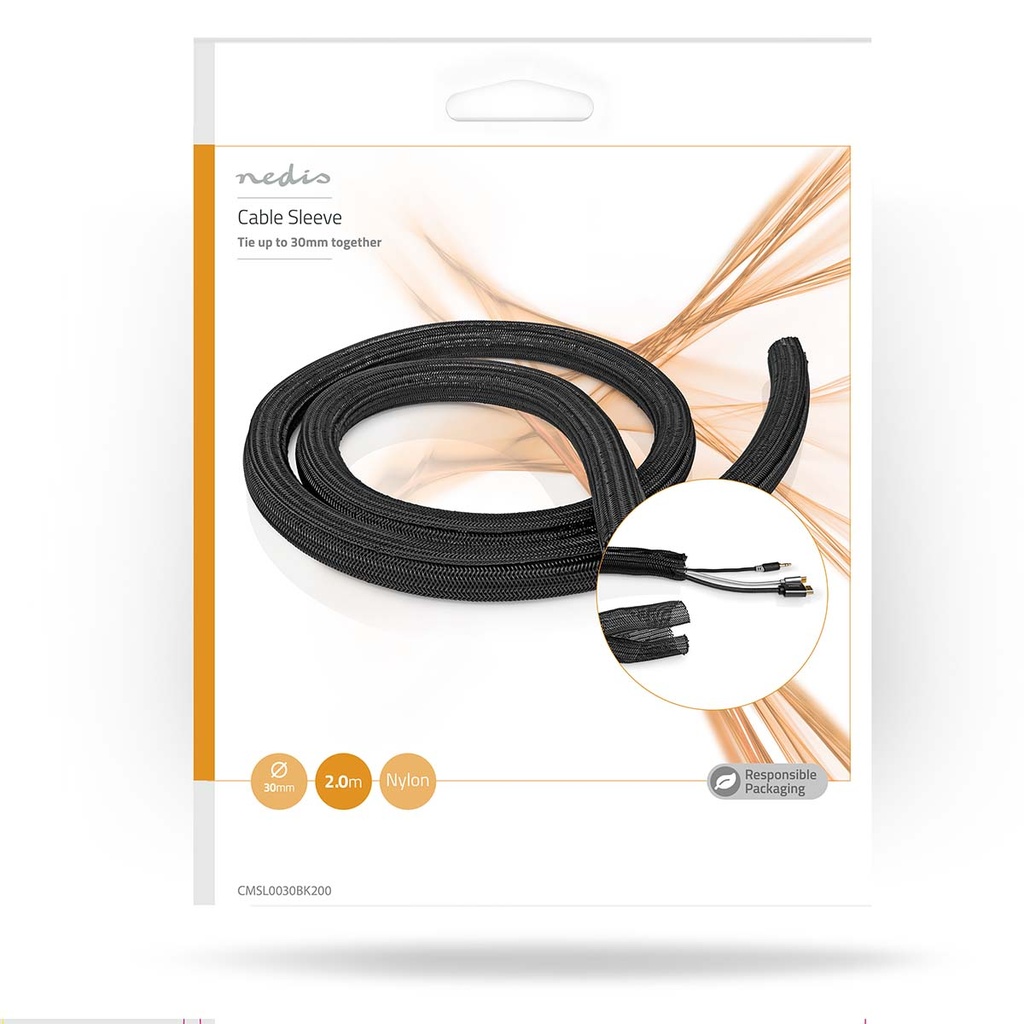 Nedis CMSL0030BK200 Kabelsleeve 30 mm Maximale kabeldikte Nylon Zwart