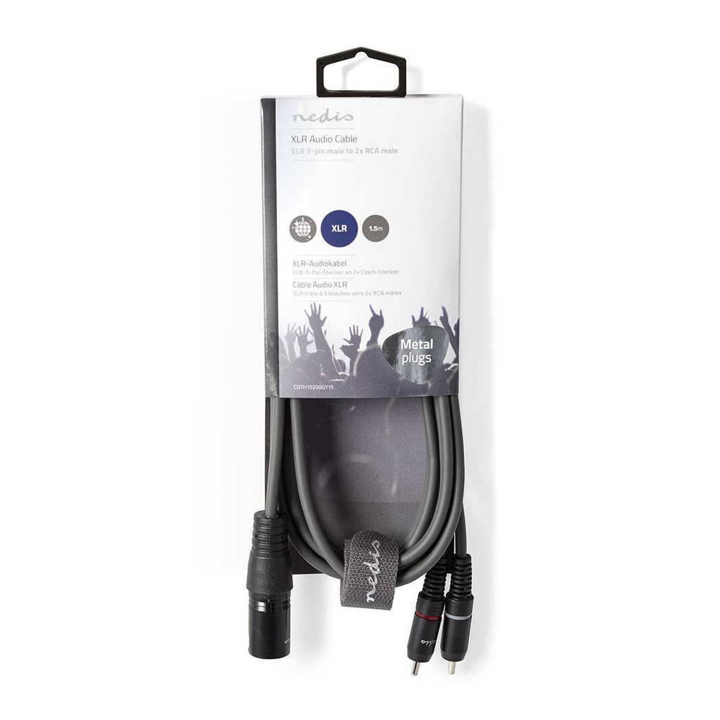 Nedis COTH15200GY15 Gebalanceerde Audiokabel | XLR 3-Pins Male | 2x RCA Male | Vernikkeld | 1.50 m | Rond | PVC | Donkergrijs | Kartonnen Sleeve