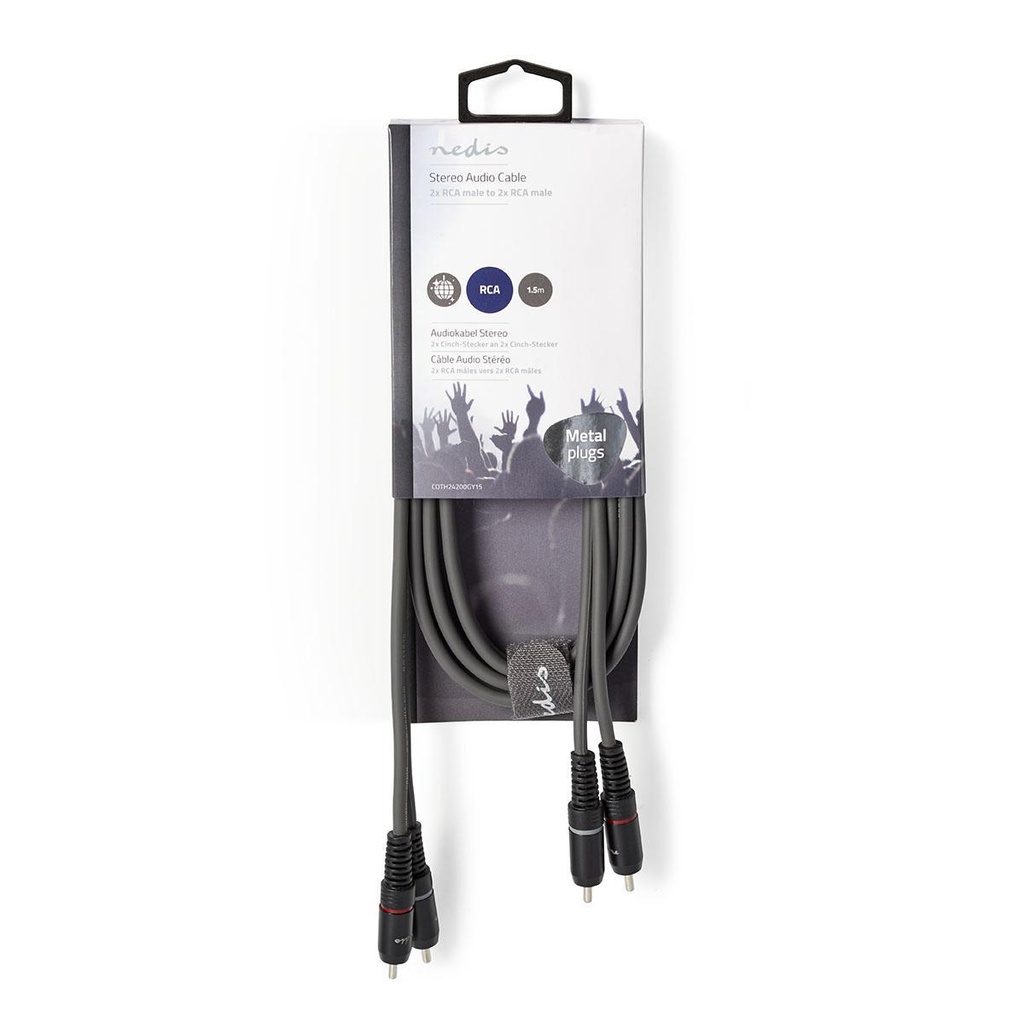 Nedis COTH24200GY15 Stereo-Audiokabel | 2x RCA Male | 2x RCA Male | Vernikkeld | 1.50 m | Rond | Donkergrijs | Kartonnen Sleeve