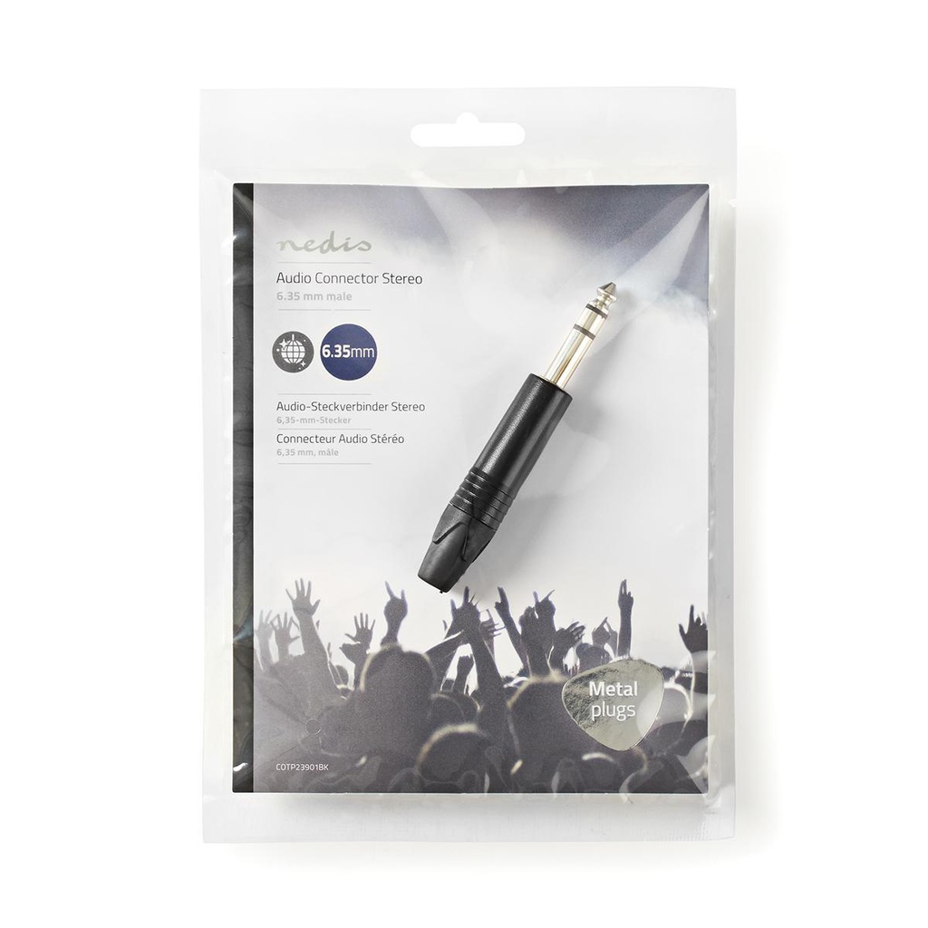 Nedis COTP23901BK 6,35 mm Audioconnector | Recht | Male | Vernikkeld | Soldeer | Diameter kabelinvoer: 6.0 mm | Aluminium | Zwart | Polybag | 1 Stuks