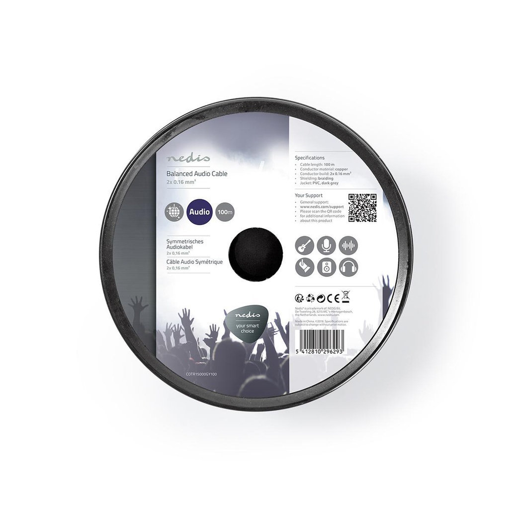Nedis COTR15000GY100 Audiokabel | 2 x 0.16 mm² | Koper | 100.0 m | Rond | PVC | Donkergrijs | Rol