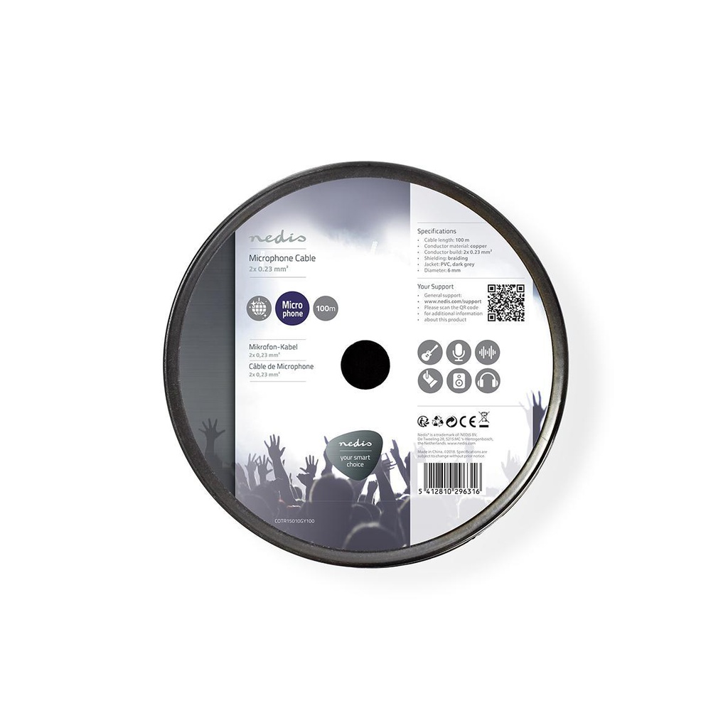 Nedis COTR15010GY100 Microfoonkabel op rol 2 x 0.23 mm² Koper 100m Grijs