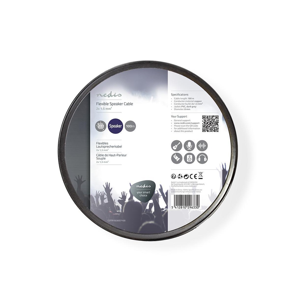 Nedis COTR15030GY100 Speaker-Kabel op rol 2x 1.5mm² Koper 100m Grijs