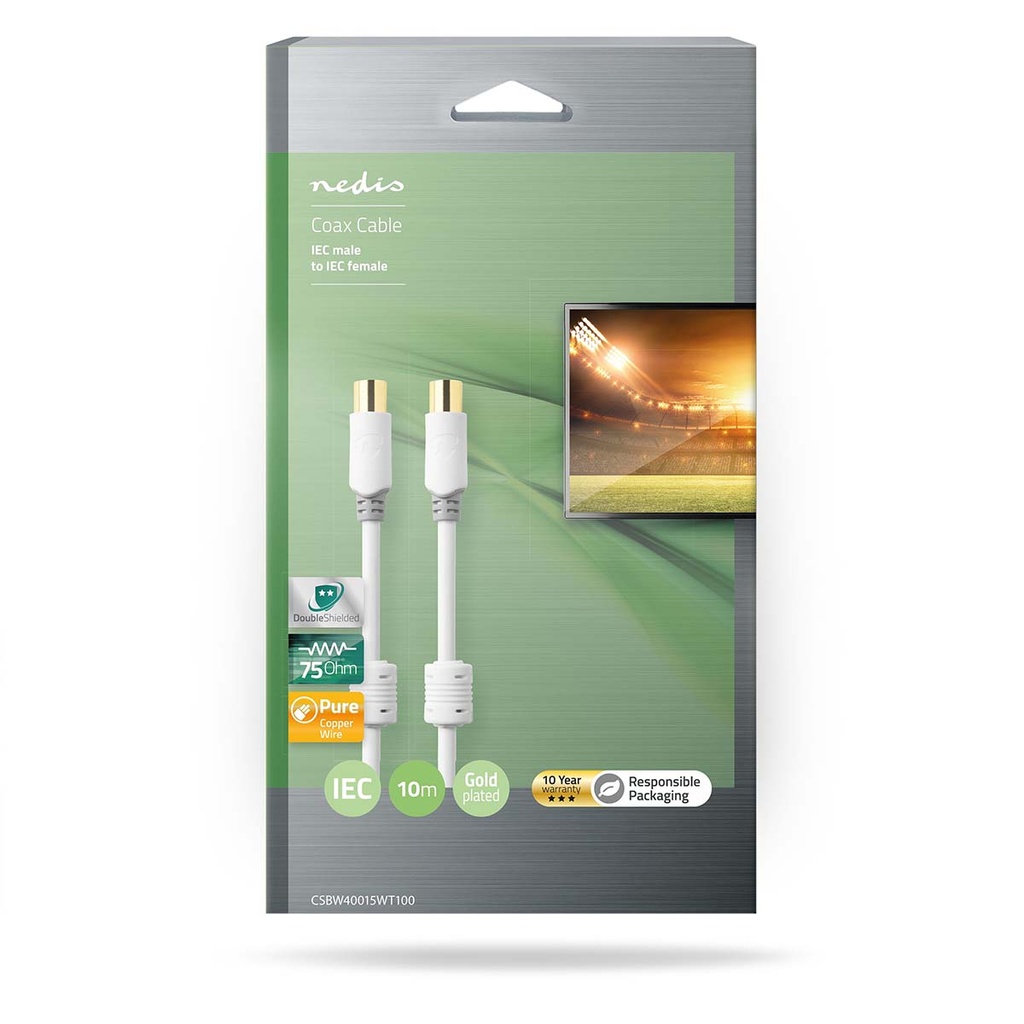 Nedis CSBW40015WT100 Coaxkabel Verguld 100dB 75Ohm Dubbel Afgeschermd 10m Wit 