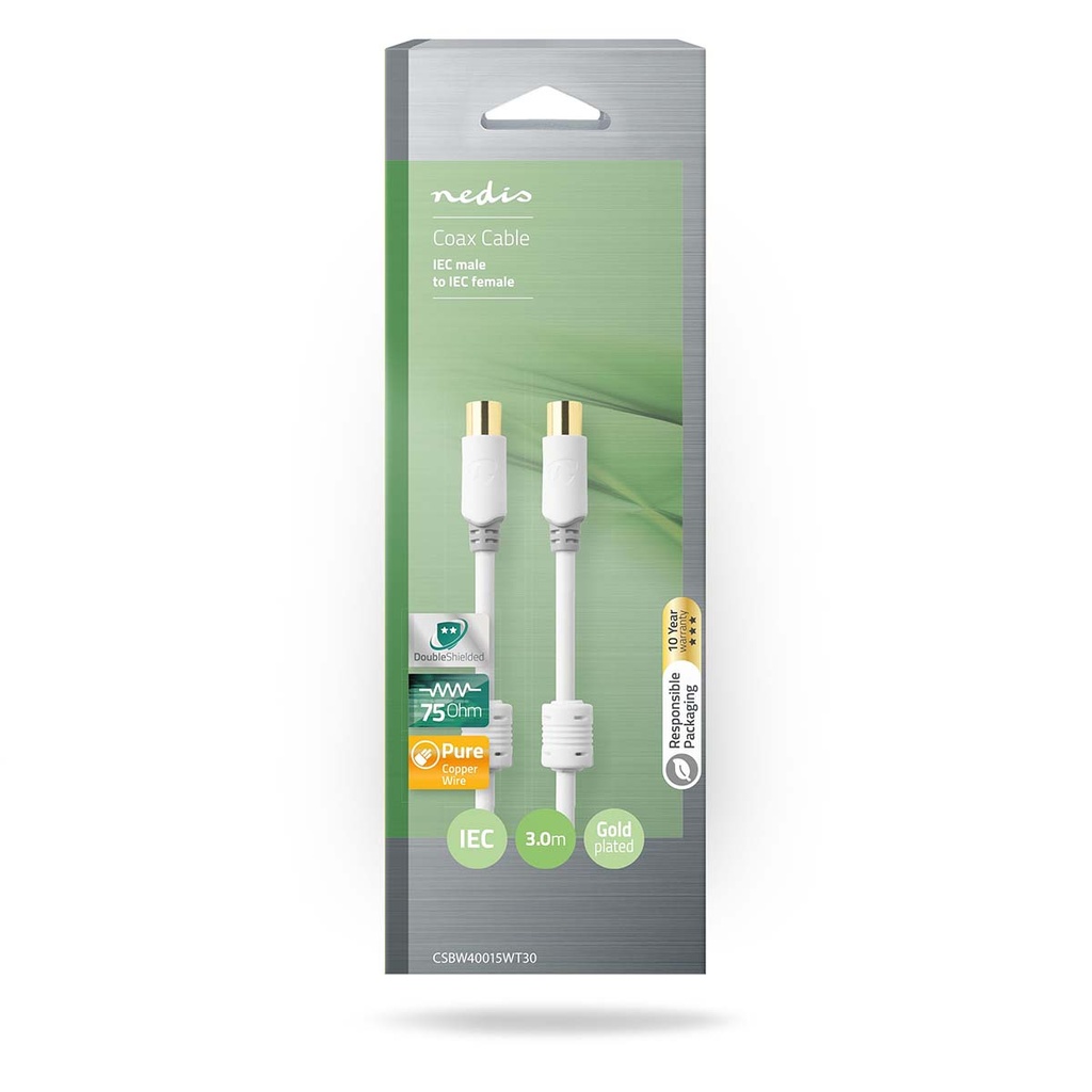 Nedis CSBW40015WT30 Coaxkabel Verguld 100dB 75Ohm Dubbel Afgeschermd 3m Wit