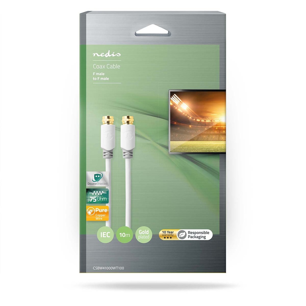 Nedis CSBW41000WT100 Coax-kabel F Verguld 75Ohm Enkelvoudig Afgeschermd 10m Wit