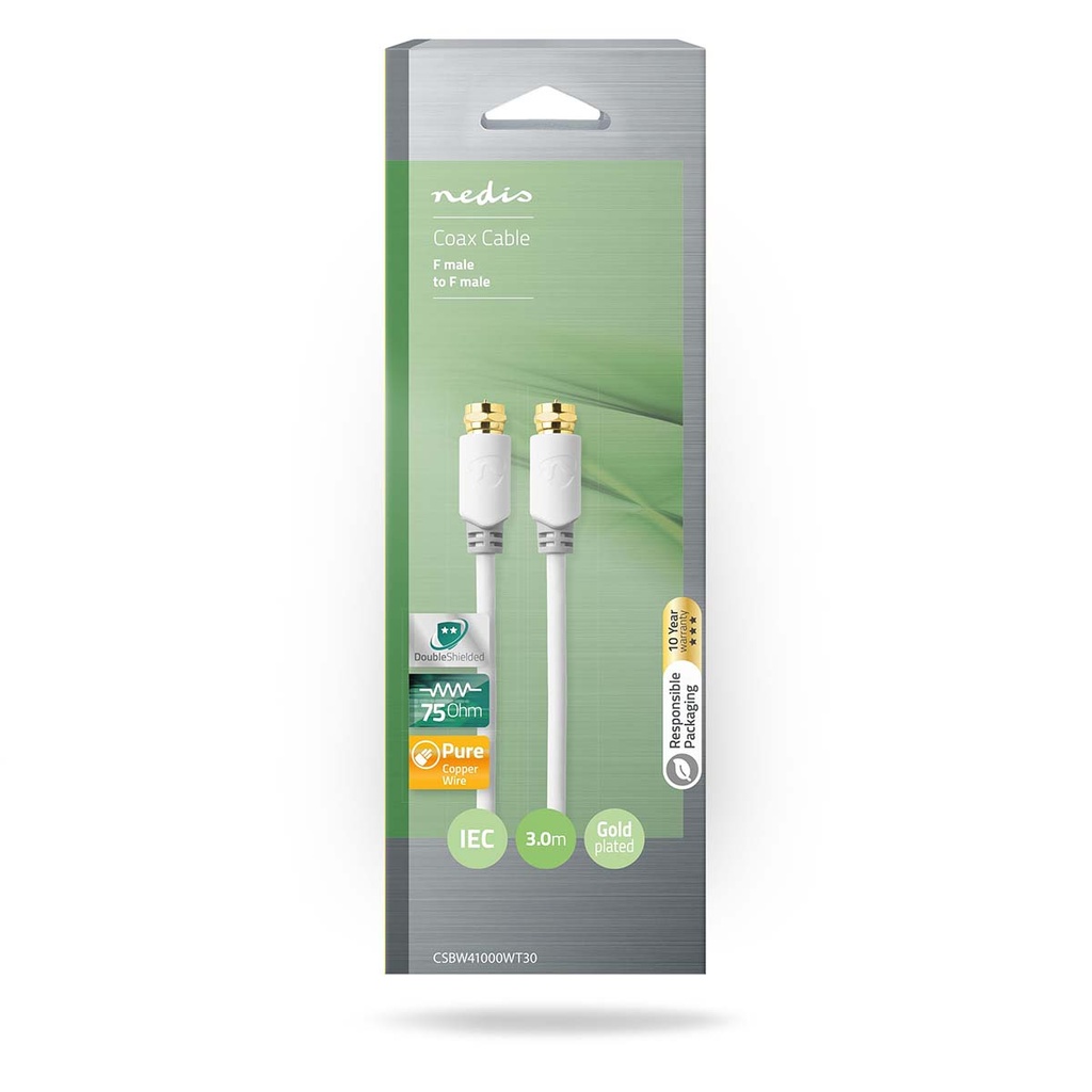 Nedis CSBW41000WT30 Coax-kabel F Verguld 75Ohm Enkelvoudig Afgeschermd 3m Wit