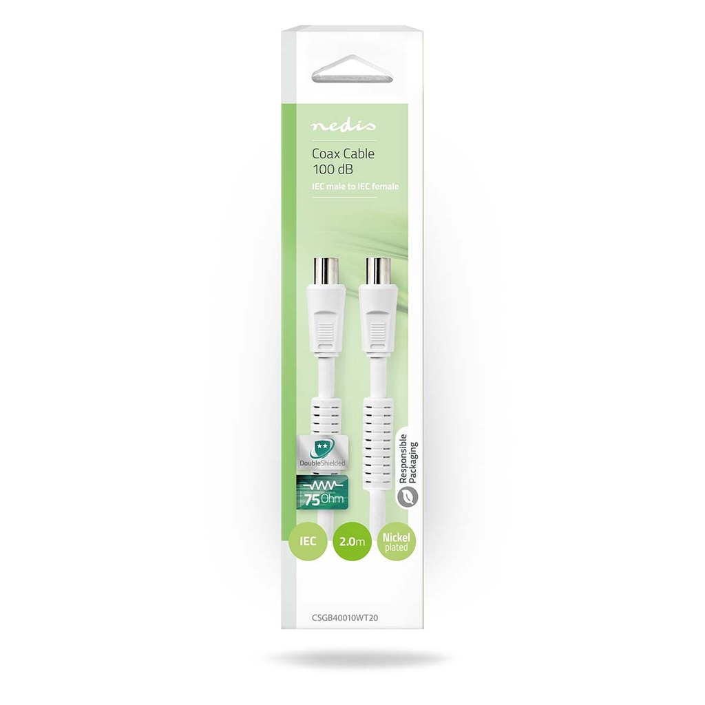 Nedis CSGB40010WT20 Coaxkabel | IEC (Coax) Male | IEC (Coax) Female | Vernikkeld | 100 dB | 75 Ohm | Dubbel Afgeschermd | 2.00 m | Rond | PVC | Wit | Doos