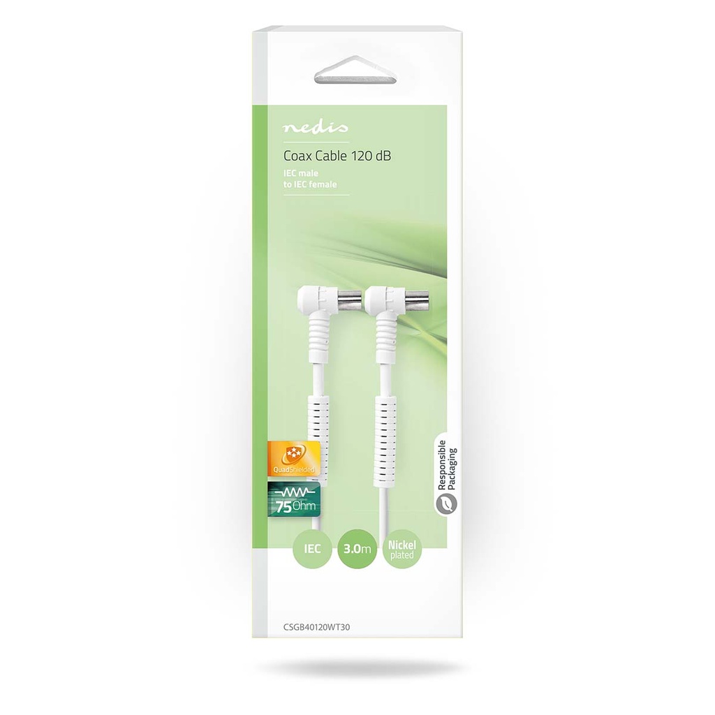Nedis CSGB40120WT30 Coaxkabel Vernikkeld 120 dB 75 Ohm Viervoudig Afgeschermd 3m Wit