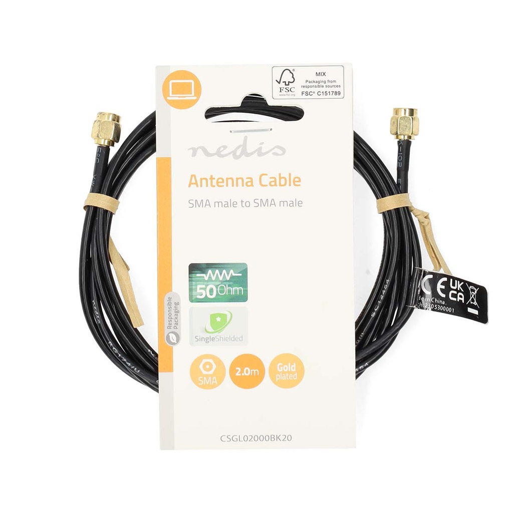 Nedis CSGL02000BK20 Antennekabel SMA Verguld 50 Ohm Enkelvoudig Afgeschermd 2m Zwart