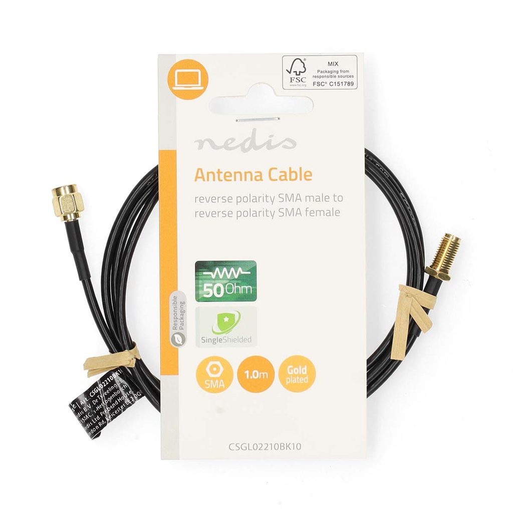 Nedis CSGL02210BK10 Antennekabel Omgekeerde polariteit SMA Verguld 50 Ohm 1m Zwart