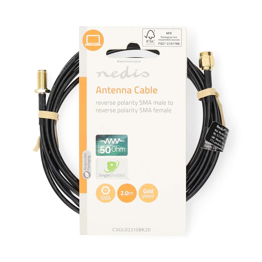 Nedis CSGL02210BK20 Antennekabel Omgekeerde polariteit SMA Verguld 50 Ohm 2m Zwart 