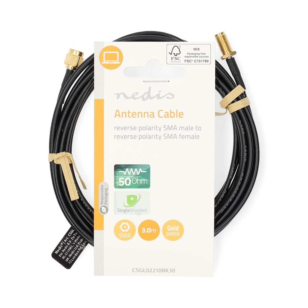 Nedis CSGL02210BK30 Antennekabel Omgekeerde polariteit SMA Verguld 50 Ohm 3m Zwart 