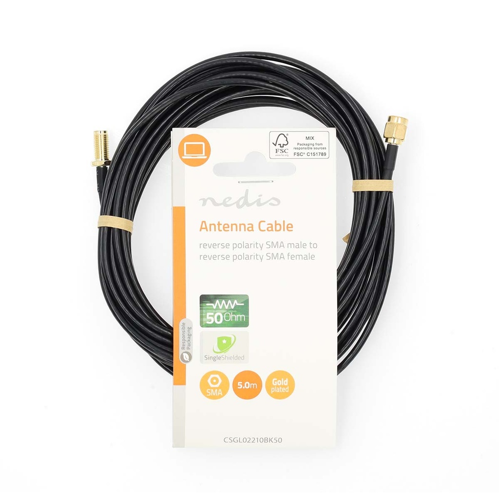 Nedis CSGL02210BK50 Antennekabel Omgekeerde polariteit SMA Verguld 50 Ohm 5m Zwart 
