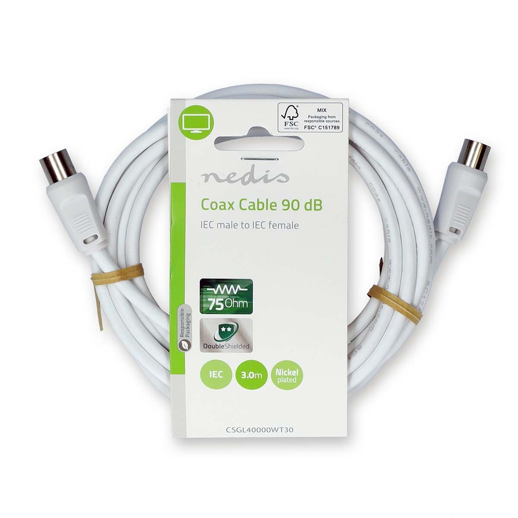 Nedis CSGL40000WT30 Coaxkabel Vernikkeld 90 dB 75 Ohm Dubbel Afgeschermd 3m Wit