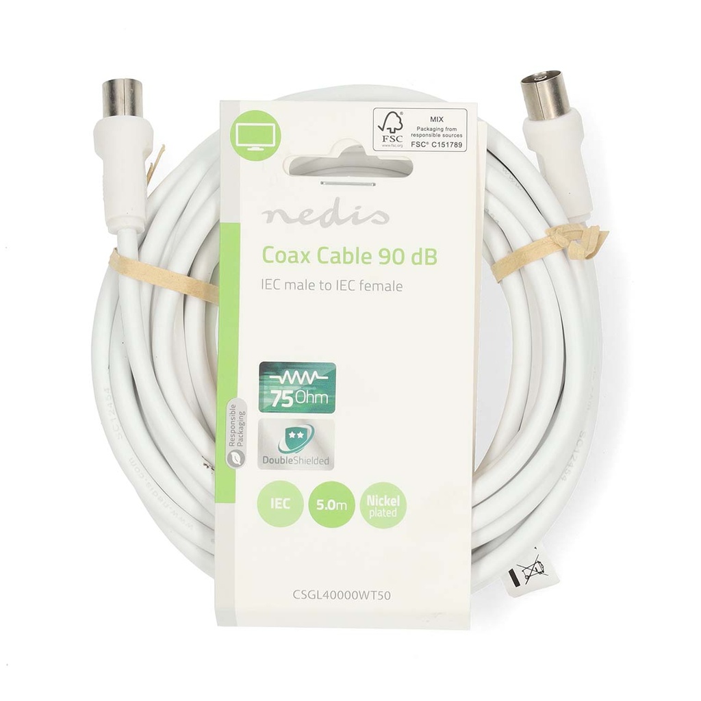 Nedis CSGL40000WT50 Coaxkabel Vernikkeld 90 dB 75 Ohm Dubbel Afgeschermd 5m Wit