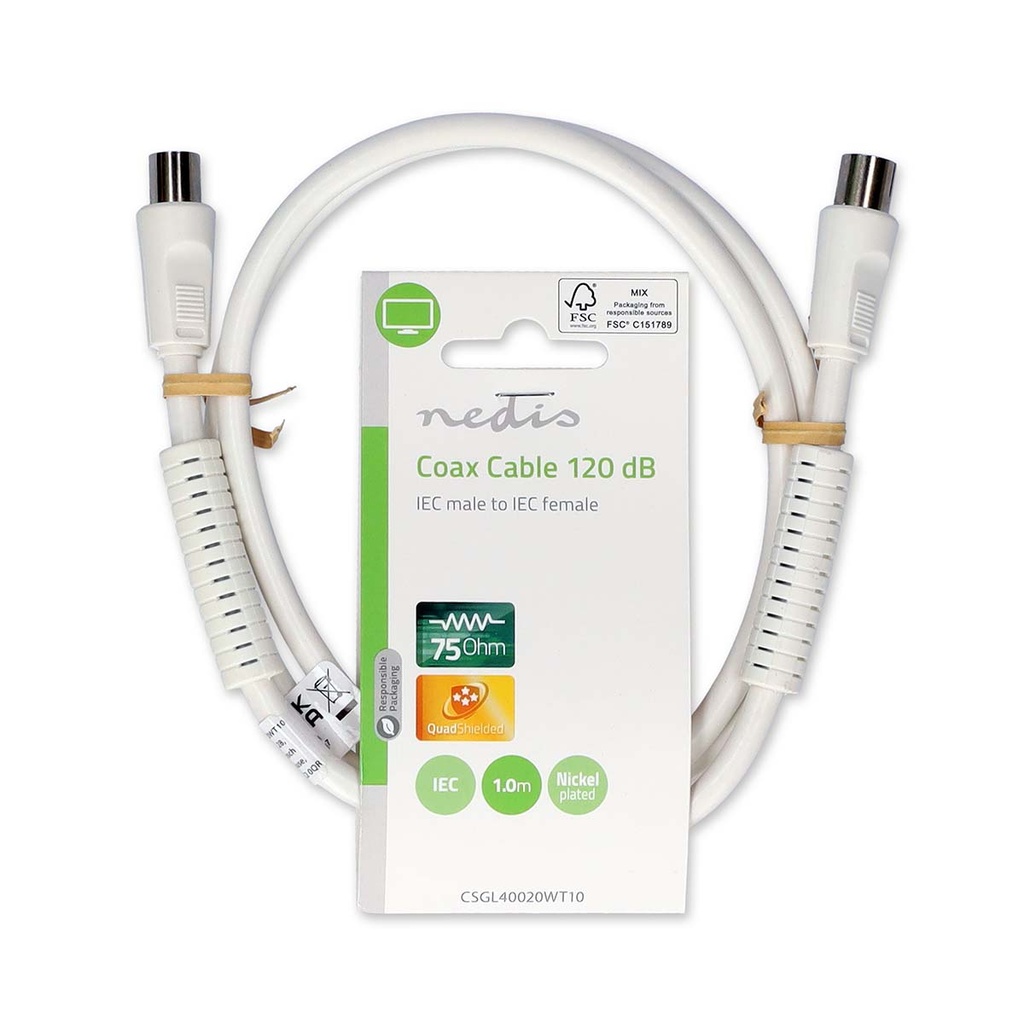 Nedis CSGL40020WT10 Coaxkabel Vernikkeld 120 dB 75 Ohm Viervoudig Afgeschermd 1m Wit