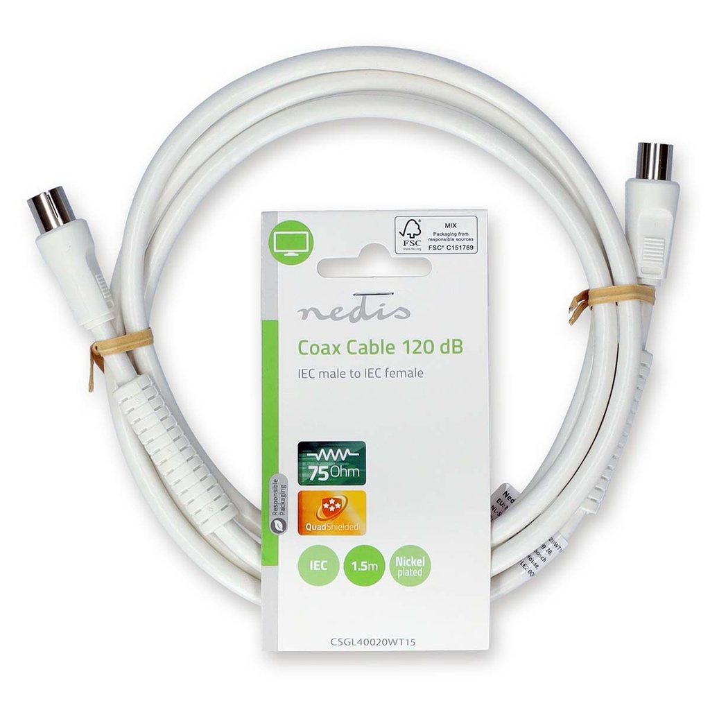Nedis CSGL40020WT15 Coaxkabel Vernikkeld 120 dB 75 Ohm Viervoudig Afgeschermd 1.5m Wit