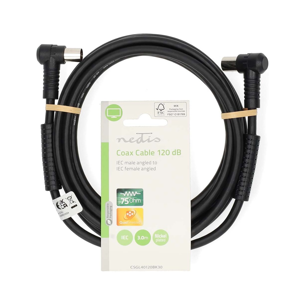 Nedis CSGL40120BK30 Coaxkabel Vernikkeld 120 dB 75 Ohm Viervoudig Afgeschermd 3m Zwart 