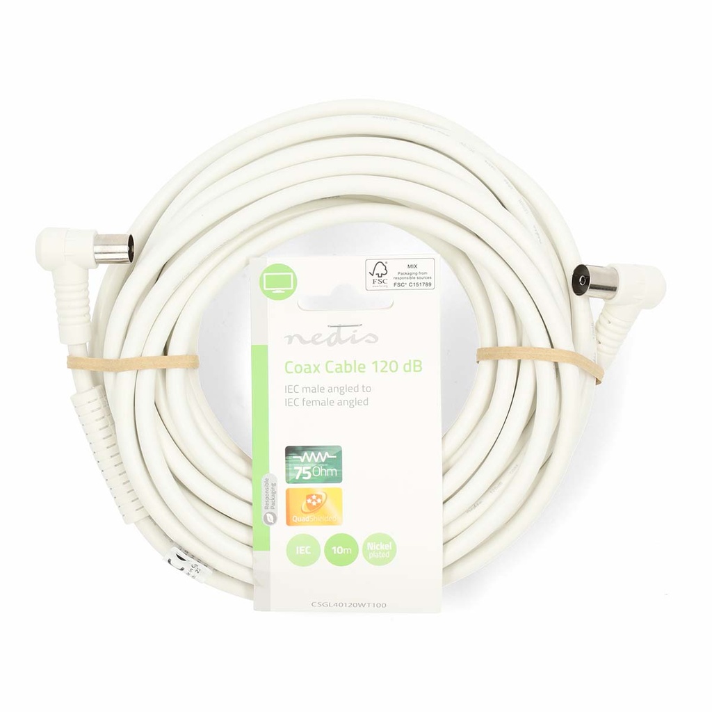 Nedis CSGL40120WT100 Coaxkabel | IEC (Coax) Male | IEC (Coax) Female | Vernikkeld | 120 dB | 75 Ohm | Viervoudig Afgeschermd | 10.0 m | Rond | PVC | Wit | Label